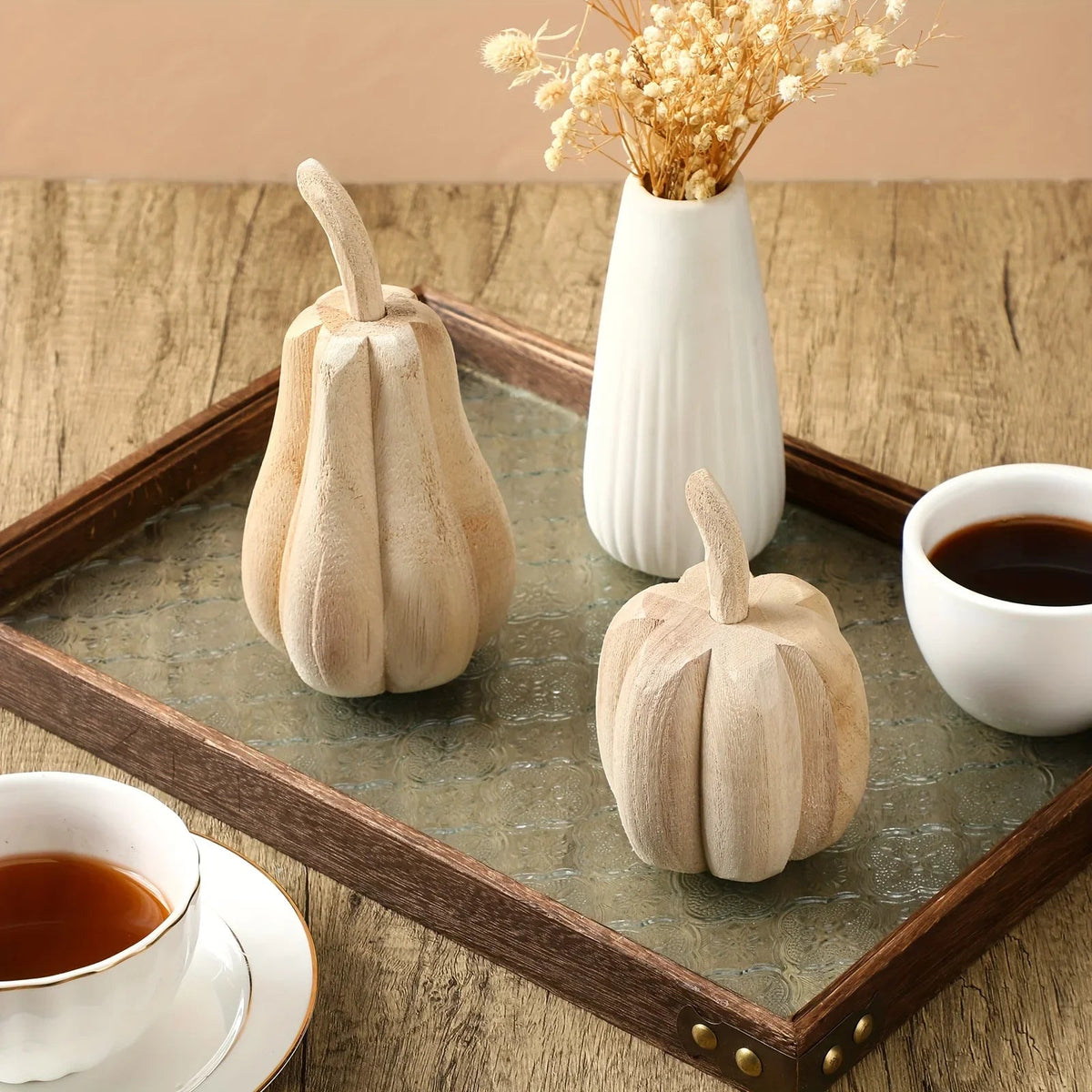 Hand-Carved Wooden Pumpkins (Set of 2)