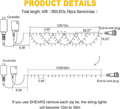 40ft Outdoor Christmas String Lights – 380 LED, 8 Modes