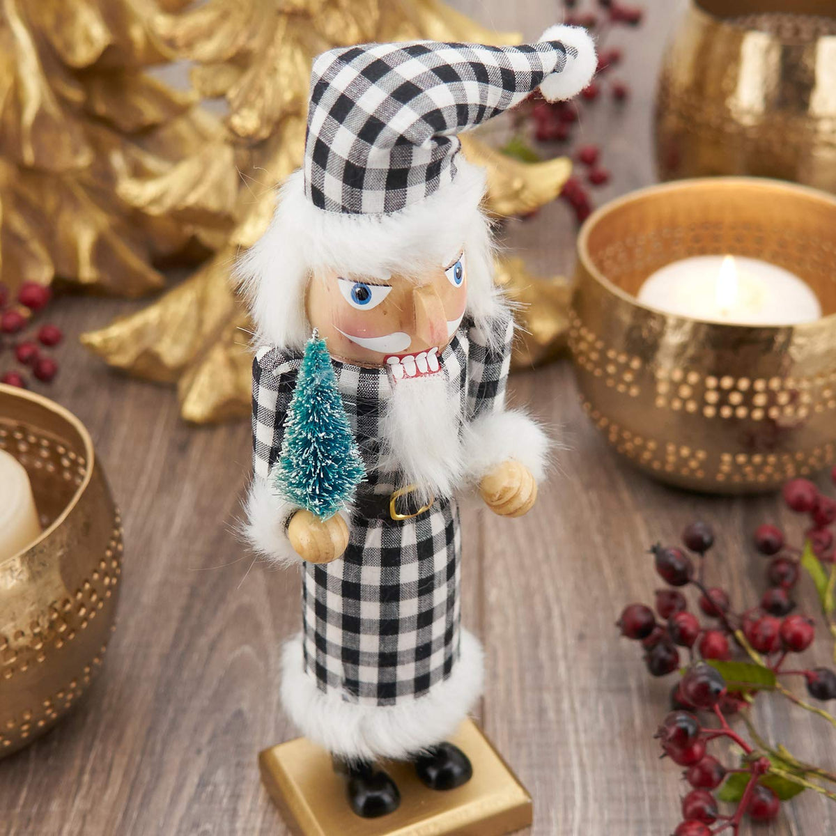 Black Buffalo Plaid Wooden Nutcracker