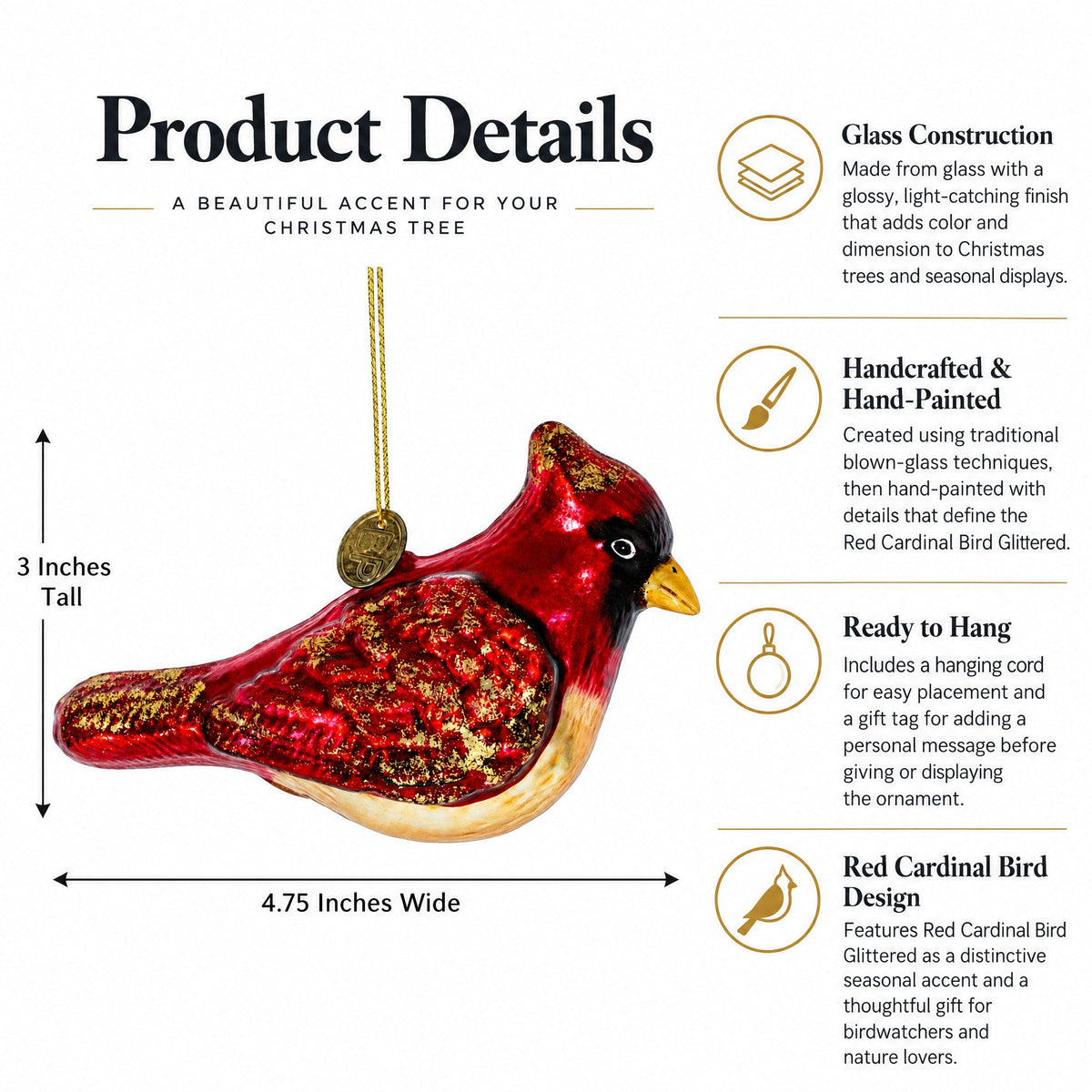 Glittered Red Cardinal Glass Ornament